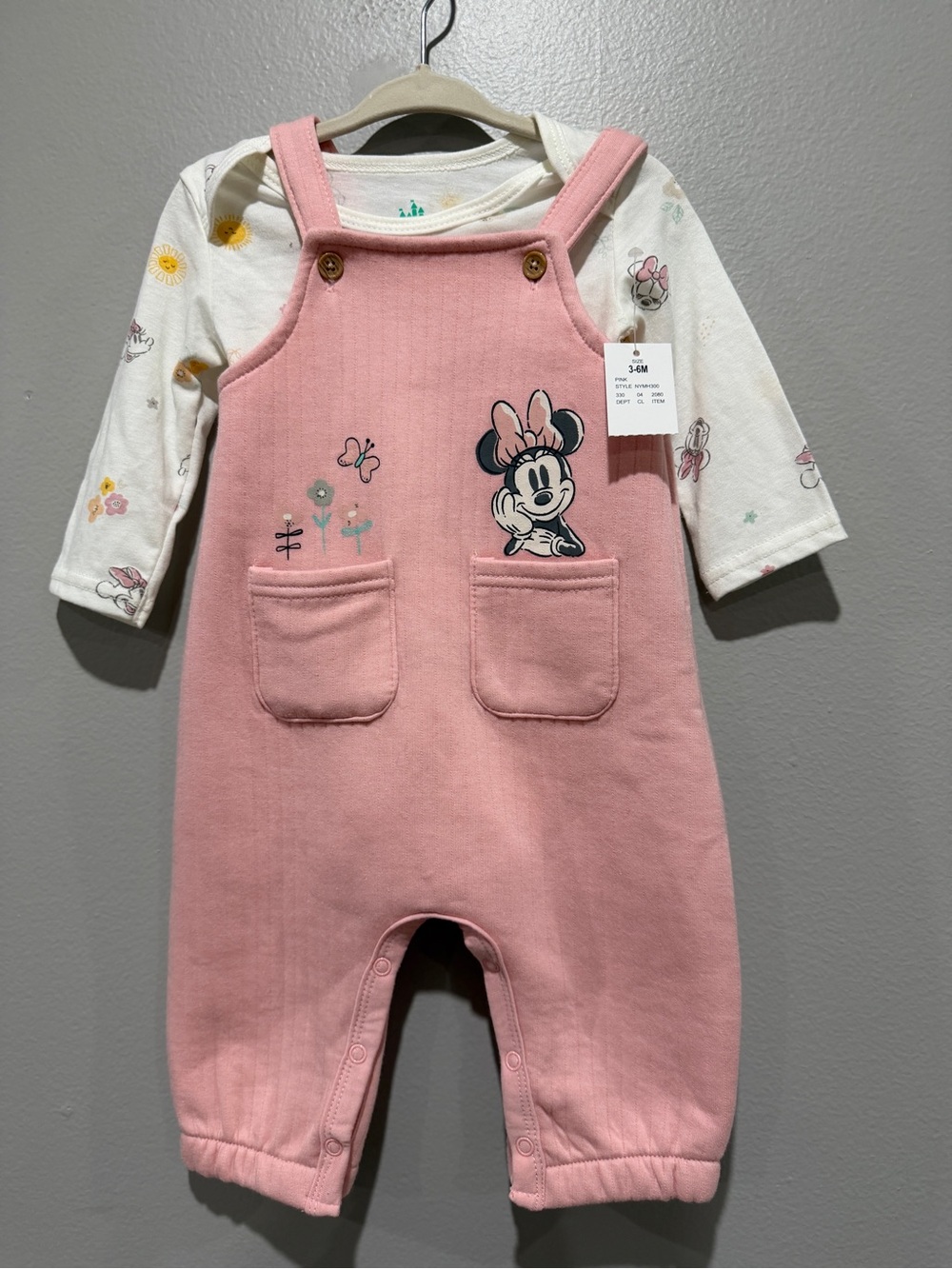 Disney Pink Minnie Mouse Overalls Set with Floral Tee